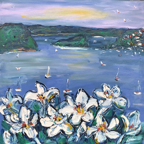 Lillies over Pittwater 76cm x 76cm